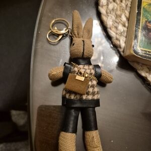 Brown Knit Bunny Keychain with Houndstooth Outfit